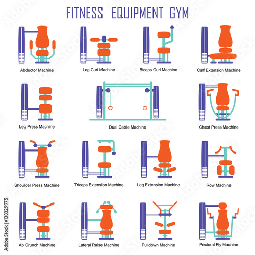 Set of gym equipment machines silhouettes isolated on white