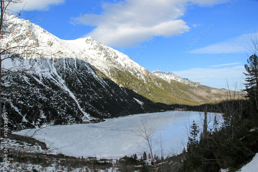 Panorama of frozen lake surrounded by mountains.