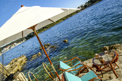 Rovinj, chairs at seaside, umbrella, Croatia, Istria