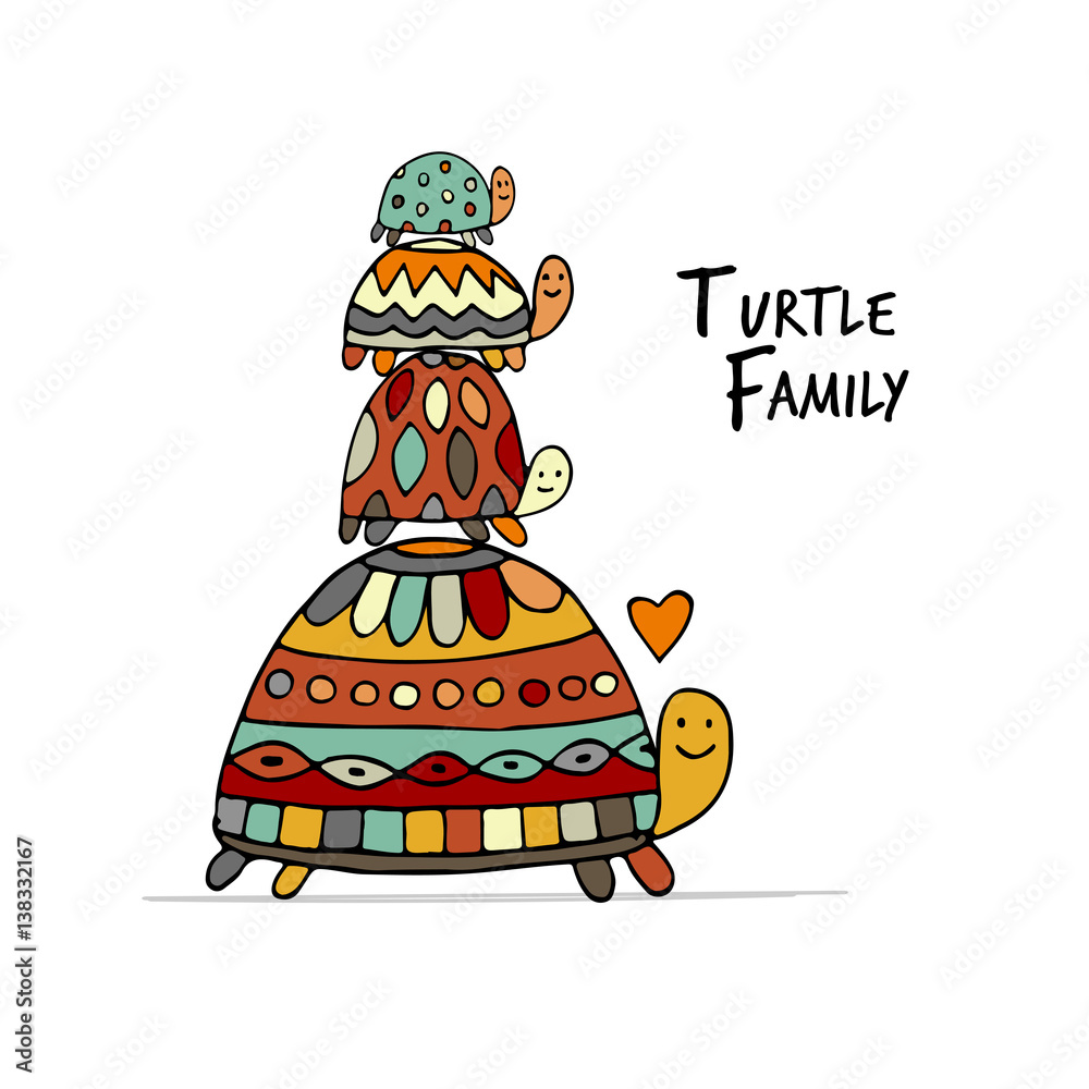 Fototapeta premium Funny family, turtle with chidren, sketch for your design