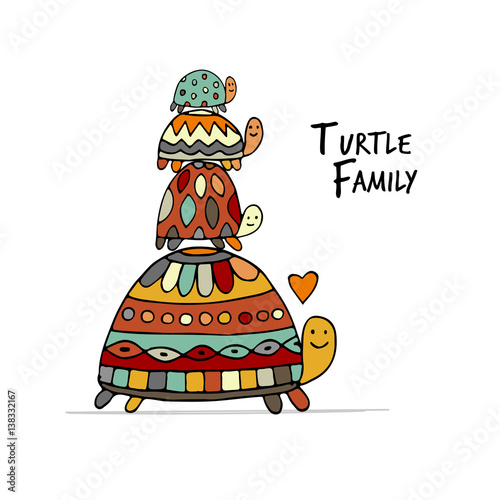 Funny family, turtle with chidren, sketch for your design
