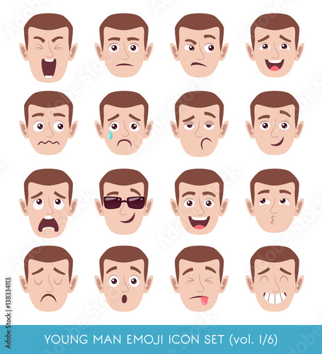Set of male facial emotions. White man emoji character with different expressions. Vector illustration in cartoon style. © insemar