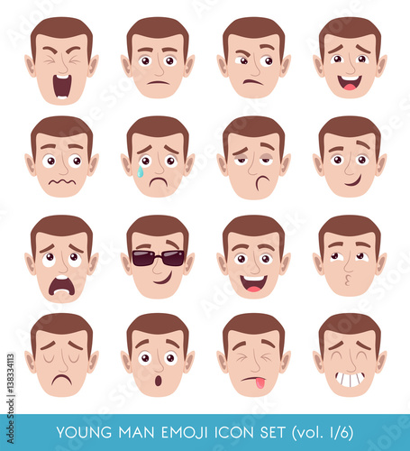 Set of male facial emotions. White man emoji character with different expressions. Vector illustration in cartoon style.