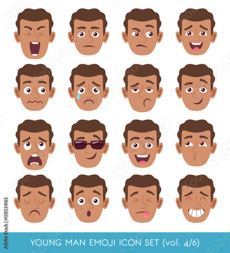 Set of male facial emotions. Black man emoji character with different expressions. Vector illustration in cartoon style.