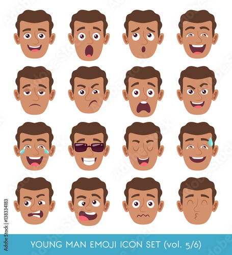 Set of male facial emotions. Black man emoji character with different expressions. Vector illustration in cartoon style. © insemar