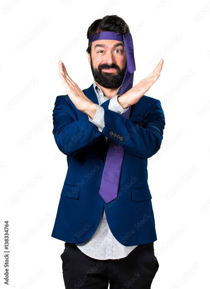 Crazy and drunk businessman making NO gesture Crazy and drunk businessman making NO gesture
