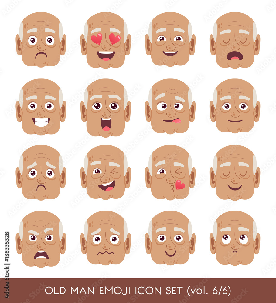Set of senior male facial emotions. Black senior man emoji character with different expressions. Vector illustration in cartoon style. Set of senior male facial emotions. Black senior man emoji character with different expressions. Vector illustration in cartoon style.