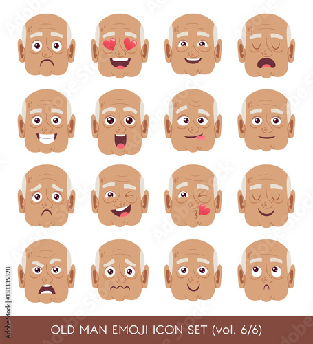 Set of senior male facial emotions. Black senior man emoji character with different expressions. Vector illustration in cartoon style.