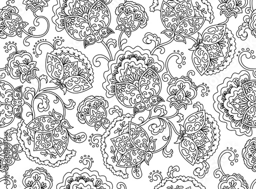 Vintage floral seamless pattern. Ethnic ornament. Stylized decorative flowers in folk style. Traditional handcraft. Outline seamless texture. Vector illustration.