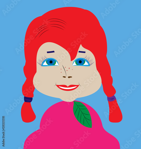 Doll-girl with blue-green eyes and long braids red hair
