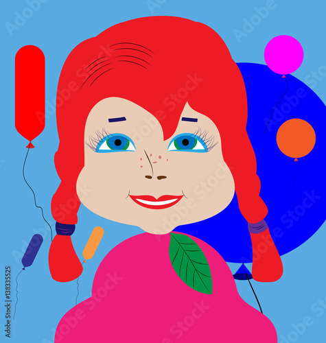 Doll-girl with pigtails in the background of colorful balloons