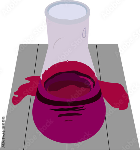 Erlenmeyer flask with pink solution and puddle on the table