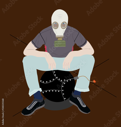 Man in gas mask sitting on a bomb with a lit fuse