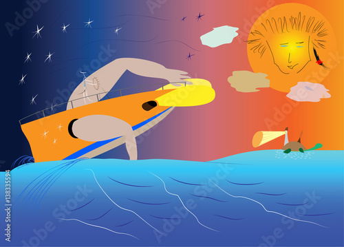 armed ghost pirate, swimming on a boat with rowing hands, to the island-turtle with lighthouse, under the face of the sun, through the dawn