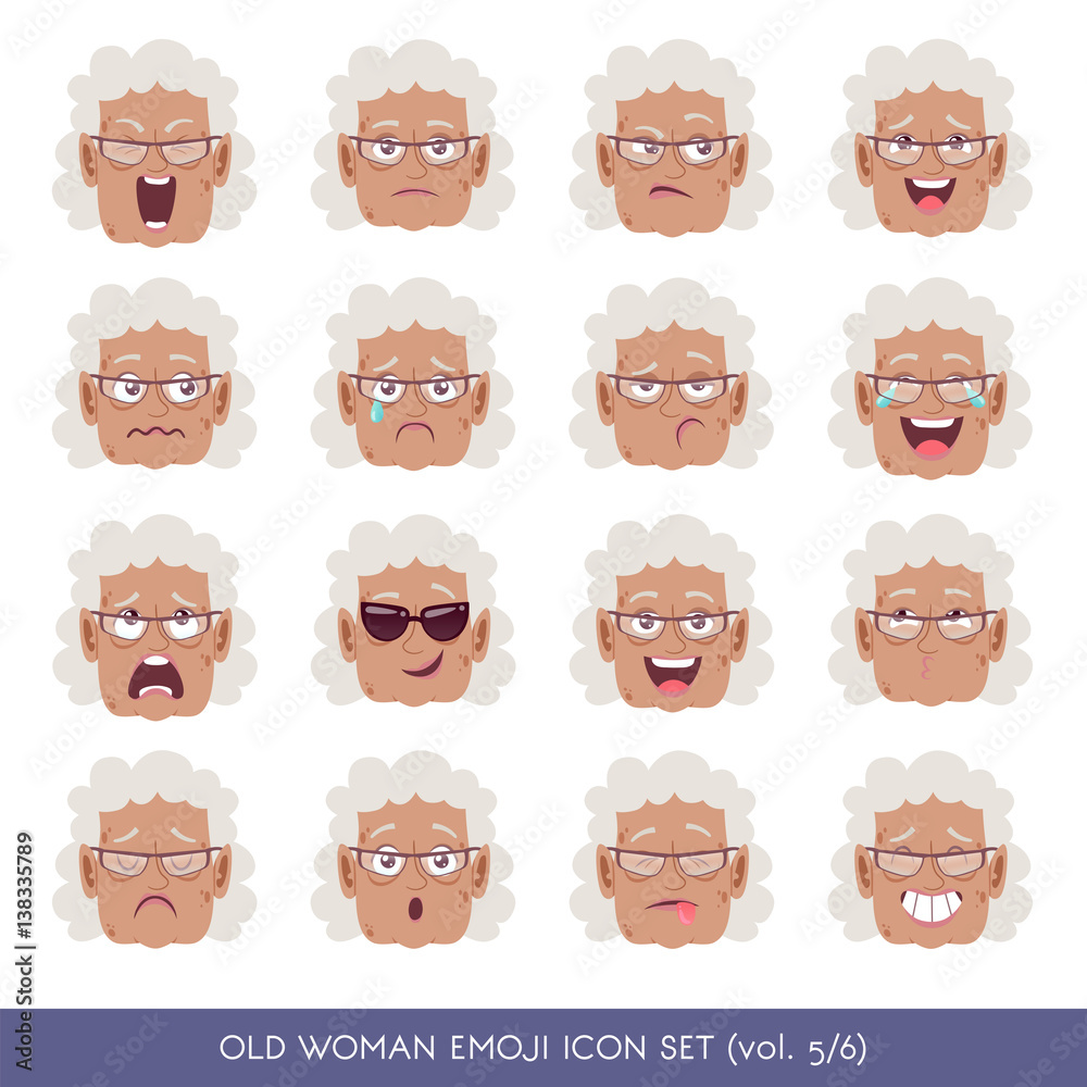 Set of senior female facial emotions. Black senior woman emoji ...