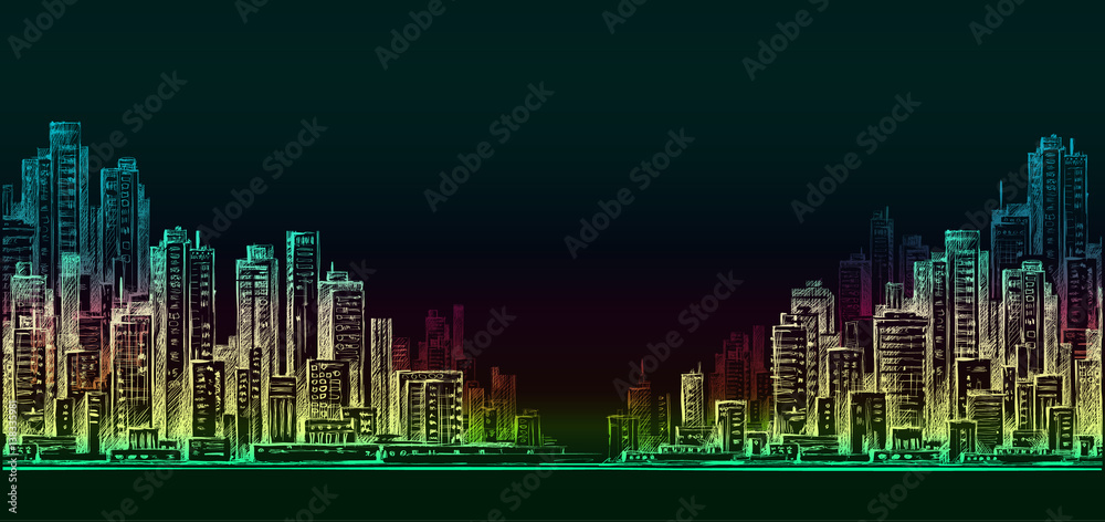Obraz premium Night city background. Hand drawn vector