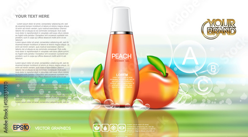 Digital vector red and orange shower gel cosmetic container mockup, your brand, ready for print ads or magazine design. Peach fruits and soap bubbles. Transparent, shine, realistic, 3d, reflection