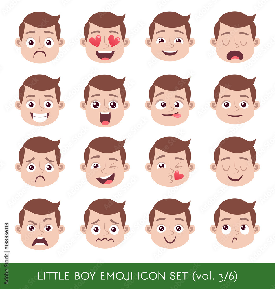 Set of kid facial emotions. White boy emoji character with different expressions. Vector illustration in cartoon style. Set of kid facial emotions. White boy emoji character with different expressions. Vector illustration in cartoon style.