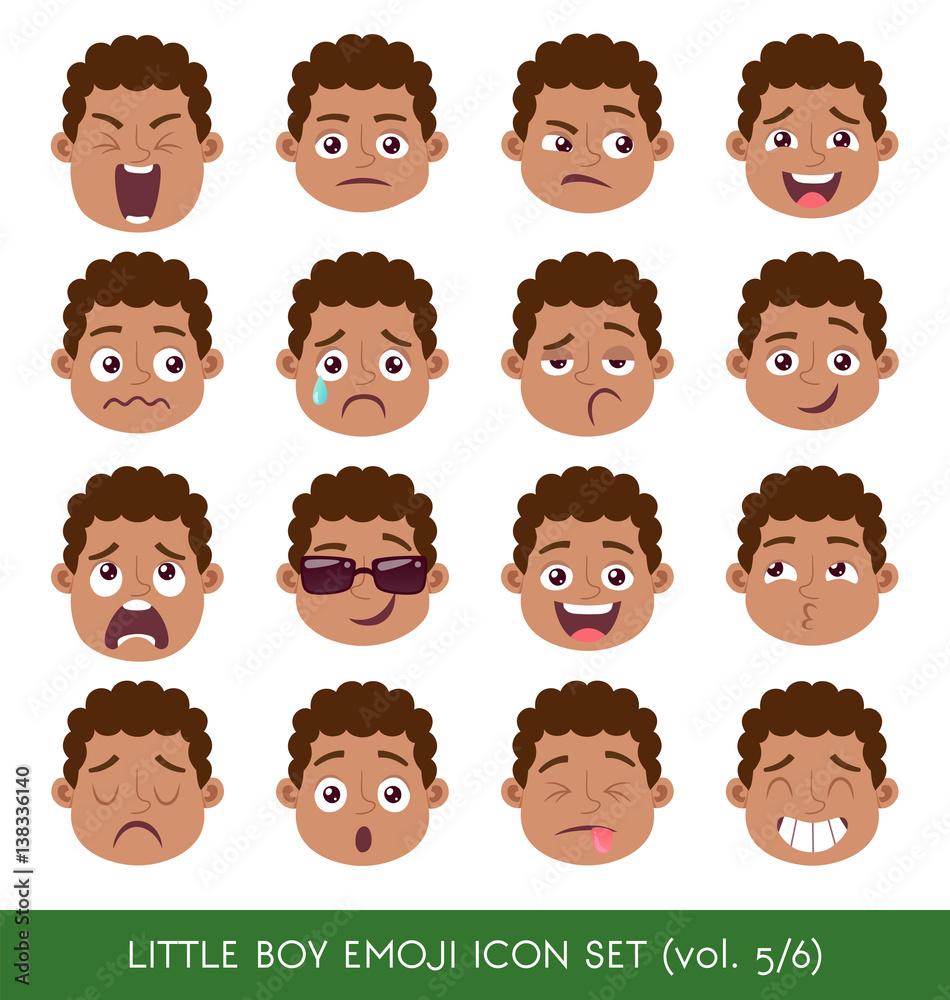 Set of kid facial emotions. Black boy emoji character with different expressions. Vector illustration in cartoon style. Set of kid facial emotions. Black boy emoji character with different expressions. Vector illustration in cartoon style.