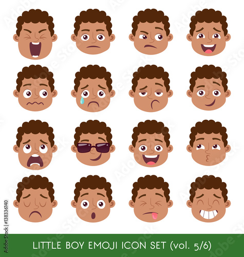 Set of kid facial emotions. Black boy emoji character with different expressions. Vector illustration in cartoon style.