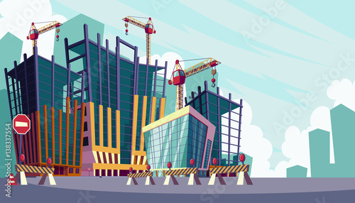 Vector cartoon illustration of the process of the construction of buildings
