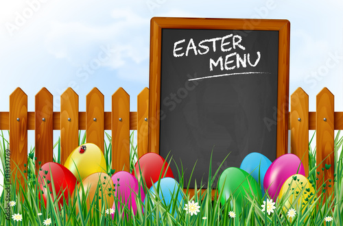 Spring landscape with easter eggs and EASTER MENU chalkboard