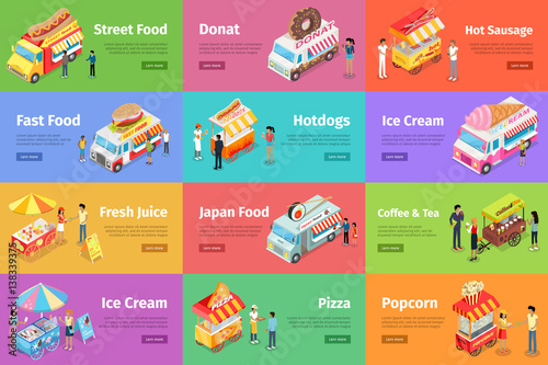 Street Food Stores Isometric Vector Banners
