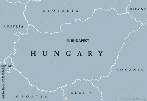 Hungary political map with capital Budapest, national borders and neighbor countries. Unitary parliamentary republic in Central Europe. Gray illustration, English labeling, on white background. Vector