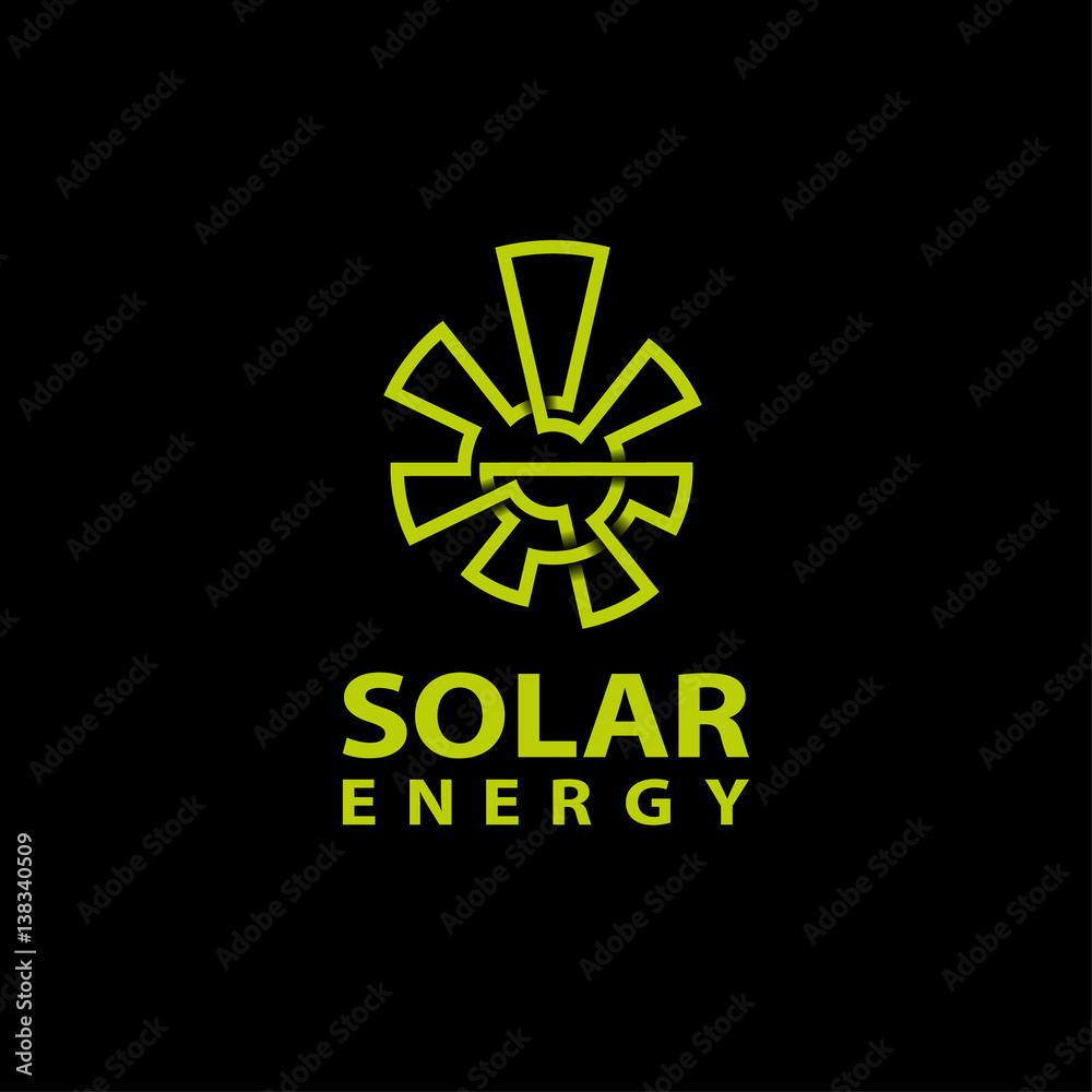 Abstract monoline green sun logo on a black background. Solar energy symbol for the brand. Eco energy emblem. Abstract monoline green sun logo on a black background. Solar energy symbol for the brand. Eco energy emblem.