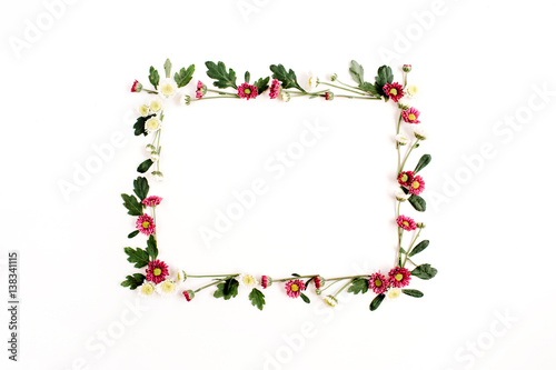 Frame wreath with red and white wildflowers  green leaves  branches on white background. Flat lay  top view. Flower background.