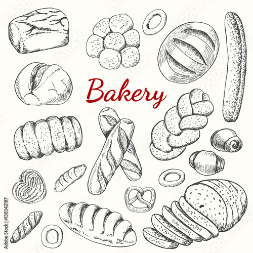 Hand drawn vintage vector illustration - Set of Bakery. Organic food.