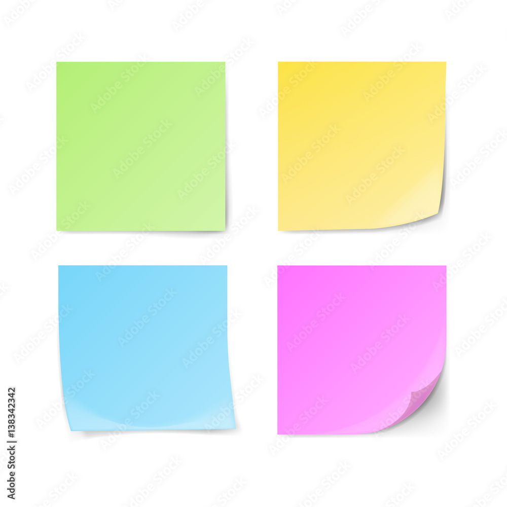Set of green, yellow, blue, violet sticky notes isolated on white background. Vector illustration.