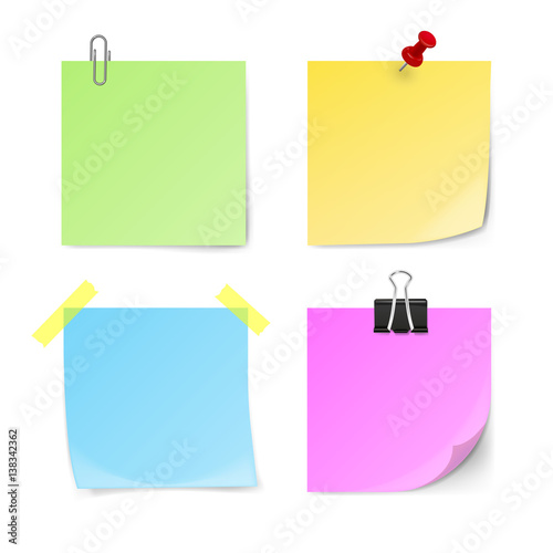 Set of green, yellow, blue, violet sticky notes isolated on white background. Vector illustration.