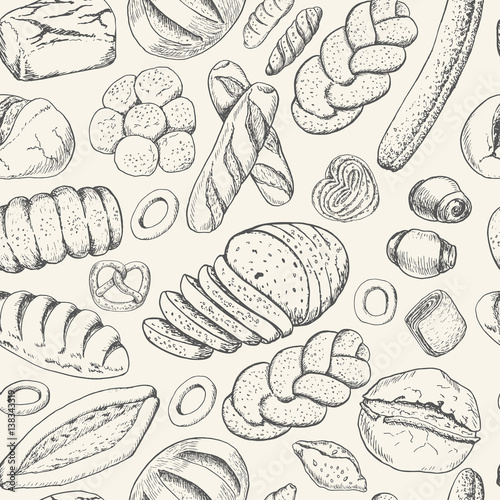 Seamless pattern with a variety of bakery products