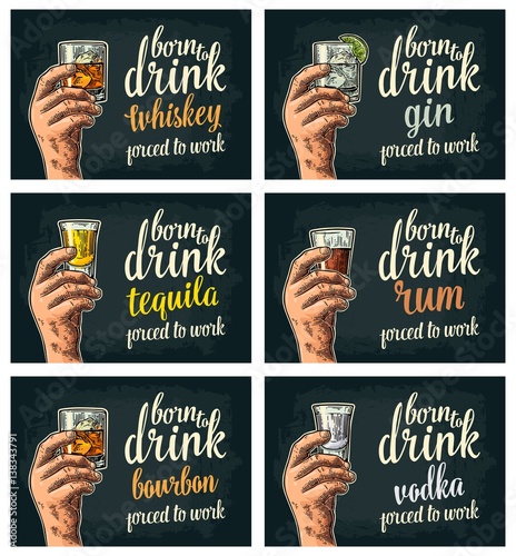 Male hand holding a glasses with beer, tequila, vodka, rum, whiskey and ice cubes.
