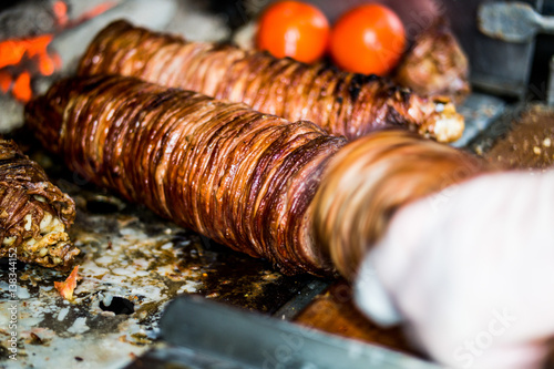 Photography Turkish Street Food Kokorec made with sheep bowel cooked in wood fired oven