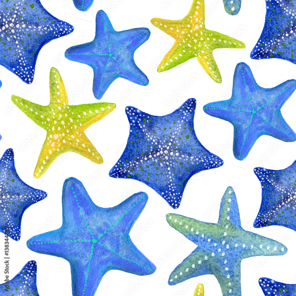 Seamless watercolor pattern with marine starfish. Can be used for fabric, wallpaper, background 