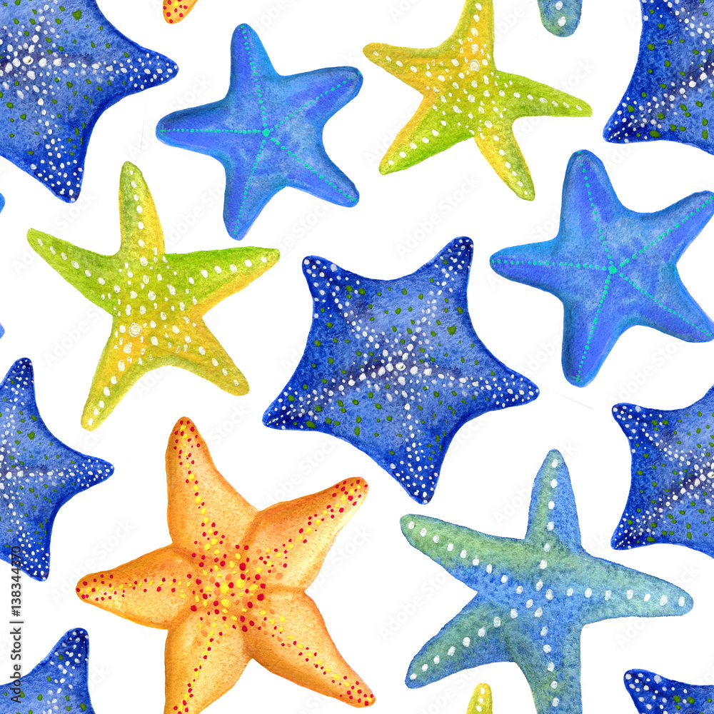 Seamless watercolor pattern with marine starfish. Can be used for fabric, wallpaper, background Seamless watercolor pattern with marine starfish. Can be used for fabric, wallpaper, background