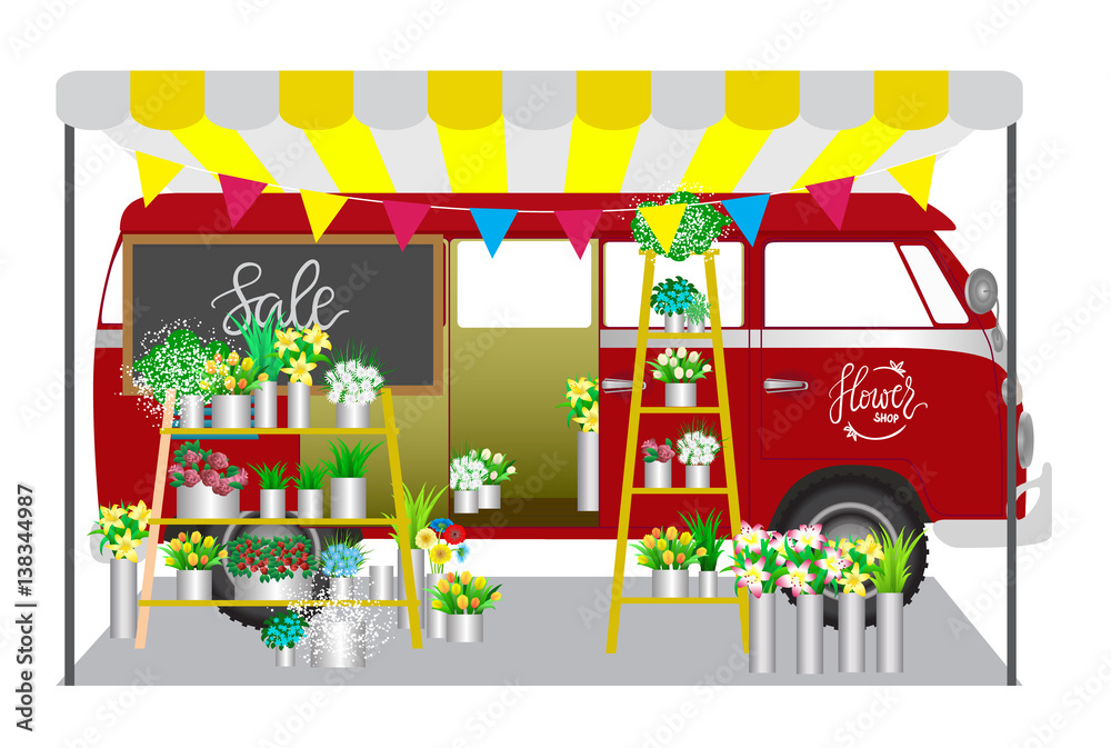 Flower shop. Flowers shop mobile on wheels. Red car with bouquets of flowers on shelves. Vector illustration.