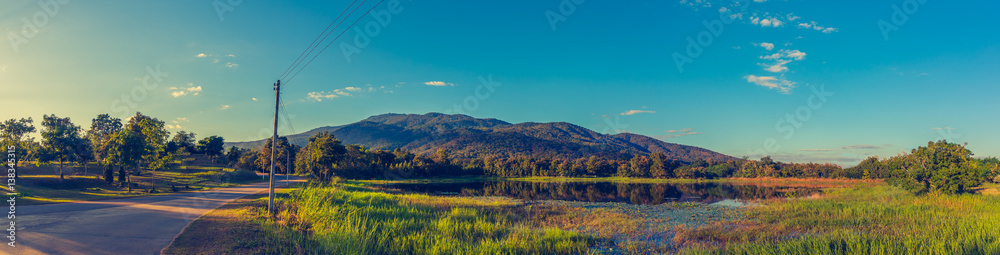 lotus in pond and mountain .