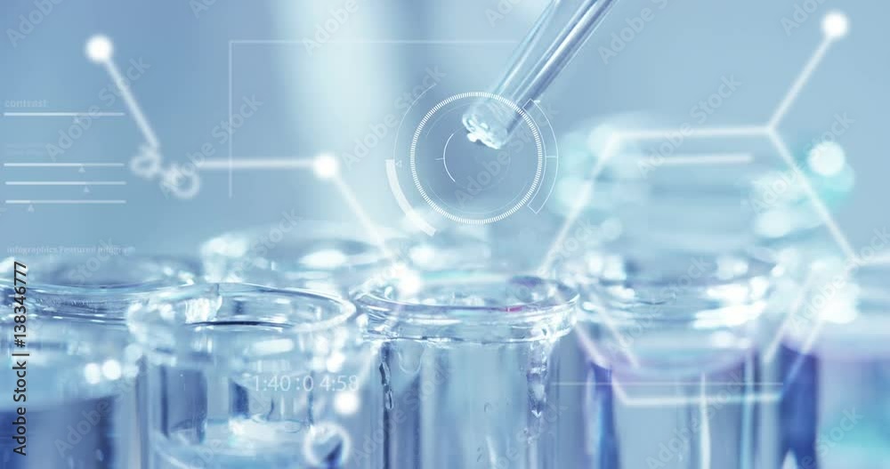 In a laboratory, a scientist with a pipette analyzes a colored liquid to extract the DNA and molecules in the test tubes. Concept: research, biochemistry, nature, pharmaceutical medicine