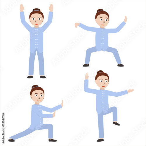 Girl performing qigong or taijiquan excercises. Woman practicing Tai Chi. Flat style. Vector illustration.