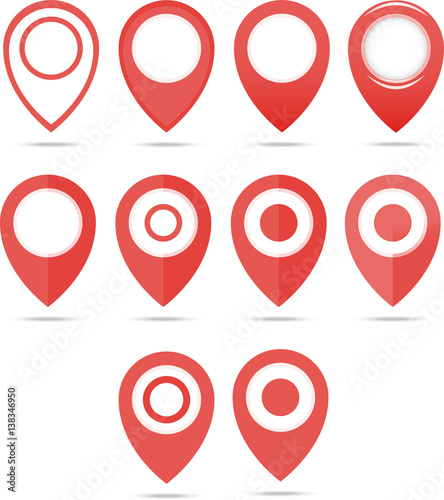 Red geo pins. Geolocation red signs set. Geolocate and navigation sign.