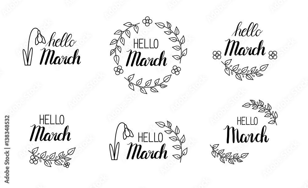Vector hello march lettering with green leaves and blossom
