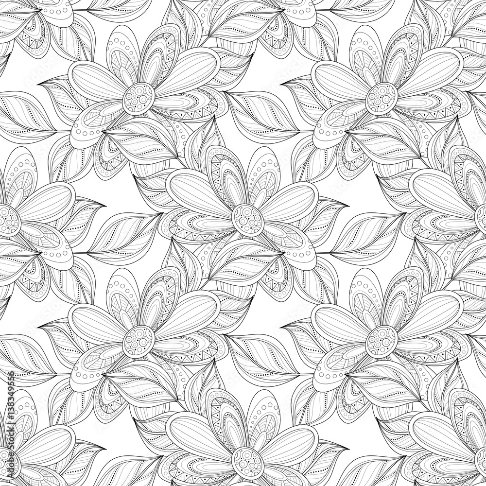 Fototapeta Vector Seamless Monochrome Floral Pattern
