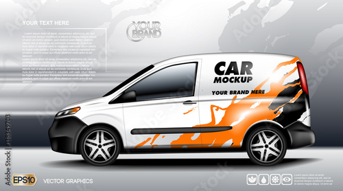 Digital vector white realistic vehicle car mockup, ready for your logo and design . Template for advertising and corporate identity. Food delivery. Illustrated vector. Blank transportation. Mockup