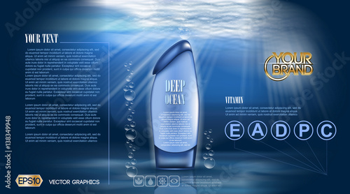 Deep ocean Shower gel or Aqua Moisturizing Lotion cosmetic ads template. Refreshing skin toner. Mockup 3D Realistic illustration. Splash water drops over blue background