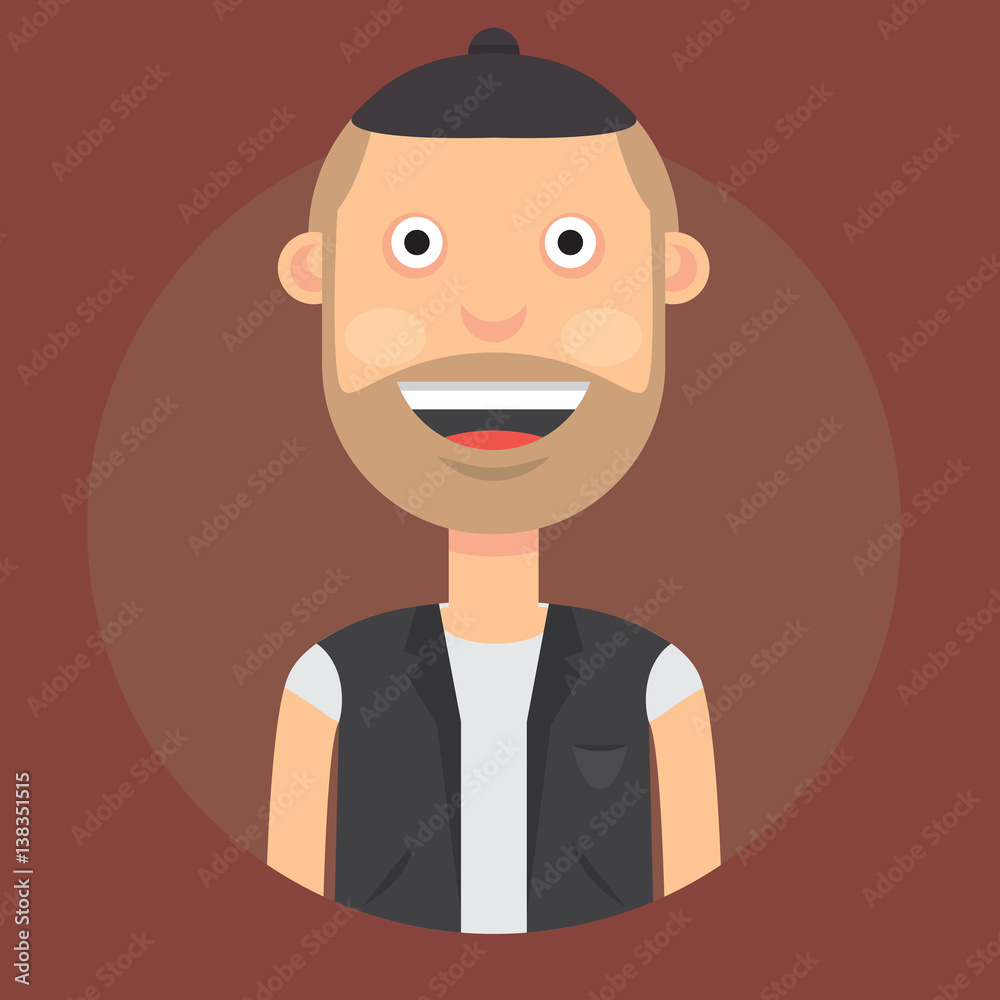 vector illustration of a man with a smile, with dark hair in a hat and waistcoat on a dark burgundy background vector illustration of a man with a smile, with dark hair in a hat and waistcoat on a dark burgundy background