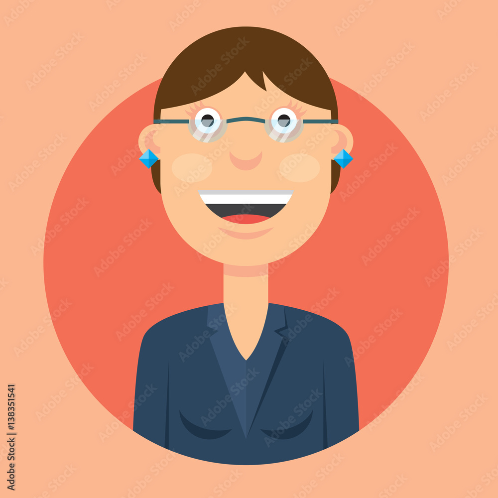vector illustration cheerful girl with dark hair wearing glasses on a pink background