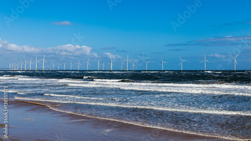 North Sea coast and wind turbines in Redcar  Redcar and Cleveland  UK